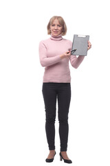 Full length portrait of business woman with clipboard