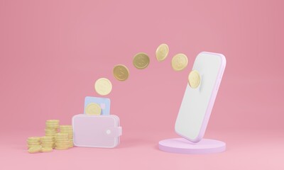 3D rendering, saving money concept. money transfer to the Mobile phone bank. wallet, coins, credit card