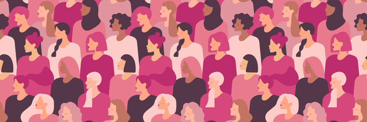 Multinational beauty seamless pattern. Different ethnicity women: African, Asian, Chinese, European, Latin American, Arab. Women's struggle for freedom, independence, equality.