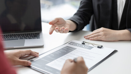 Job interview, Job applicants are talking about their abilities and past work experience to the staff, Testing the talent and skills of job applicants, Employment and selection concepts.
