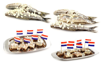 Fresh herring (Dutch "Hollandse Nieuwe") with chopped onions and some on a tray on a white background