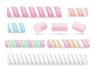 Collection of colorful realistic marshmallow vector isometric style soft chewing sweet delicious