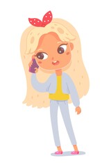 Little girl talking on phone. Kid calling on smartphone isolated on white background. Child holding mobile device in hand vector illustration. Fun social activities with electronics