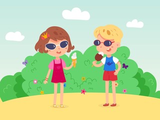 Obraz na płótnie Canvas Happy kids in summer. Children in hot sunny weather having fun outdoor vector illustration. Girl and boy eating ice cream in sunglasses in park. Tree and blue sky background