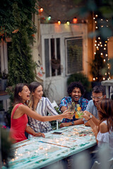 A group of happy friends toasting at the open air birthday party. Quality friendship time together - 424767597