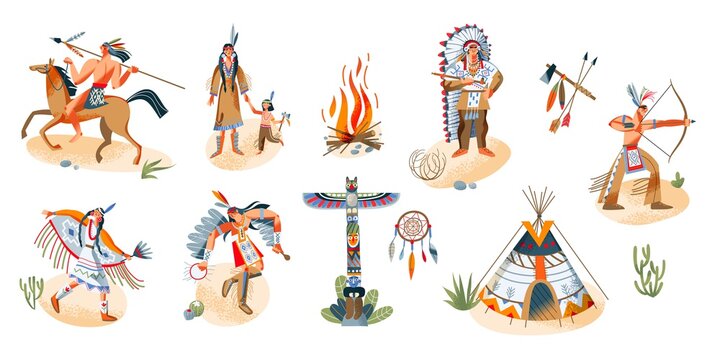 Wild west indian american characters and objects set. Western native people, wigwam, weapon and fire vector illustration. Young men and women, child isolated on white background