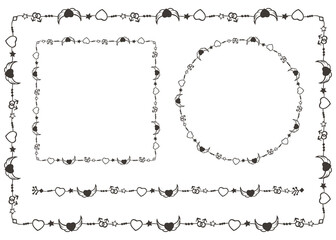 Romantic frames and seamless pattern brush. Flat monochromatic vector.