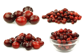 Fresh cranberries and some in a glass bowl on a white background