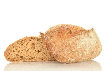 Two halves of a loaf of bread, close-up, isolated on white.