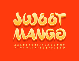 Vector creative emblem Sweet Mango. Artistic style Font. Bright Alphabet Letters and Numbers set