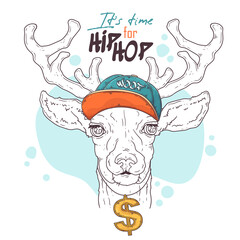 Hand drawn deer rapper portrait with accessories Vector. Isolated objects for your design. Each object can be changed and moved.