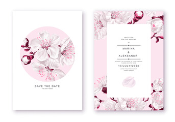 Floral wedding invitation card template with realistic vector sakura flowers in templates for wedding invitations, greeting cards, posters, flyers, social media advertising banners for blog posts © MPetrovska