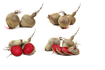 fresh beetroots and some cut ones on a white background