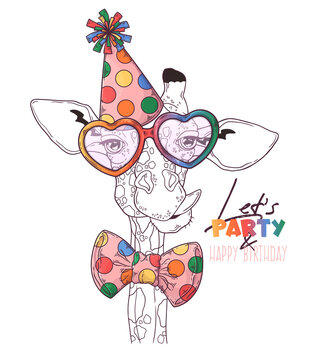 Hand drawn Giraffe clown portrait with accessories Vector. Isolated objects for your design. Each object can be changed and moved.