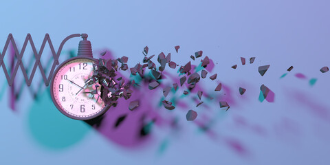 wall clock in neon light falling apart into small parts