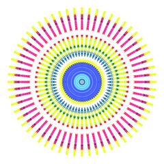 Creative multicolored points round symbol. Abstract symmetrical logo. Mosaic colorful beautiful beads. Circle dots modern pixel floral art icon. Colored pattern ornament wheel decorative illustration.