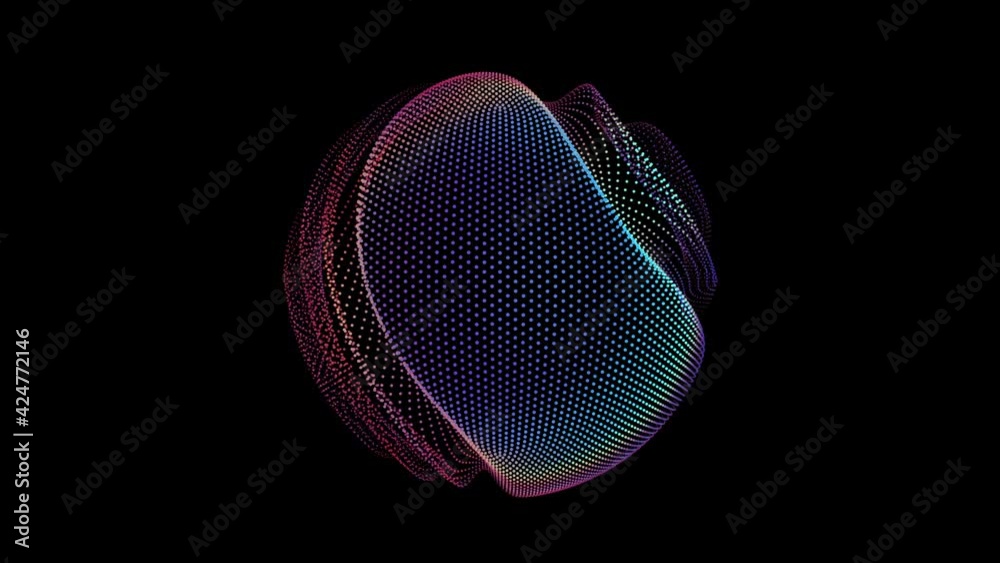 Poster looped distortion waves on abstract sphere of particles. digital data splash of spherical point arra