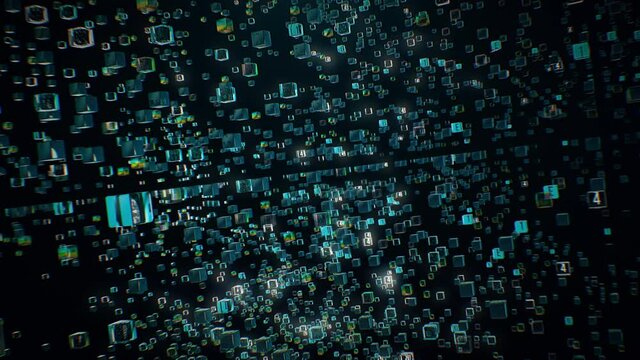 3D Big Data Digital space futuristic matrix filled with particles network. Technological and connection motion background render. Neural network concept.