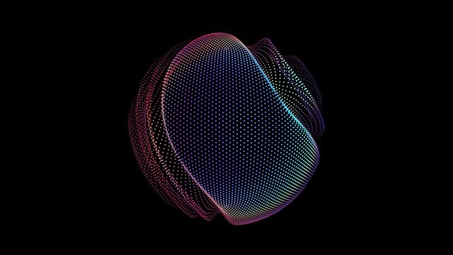 Looped distortion waves on abstract sphere of particles. Digital data splash of spherical point array. Futuristic glitch UI element