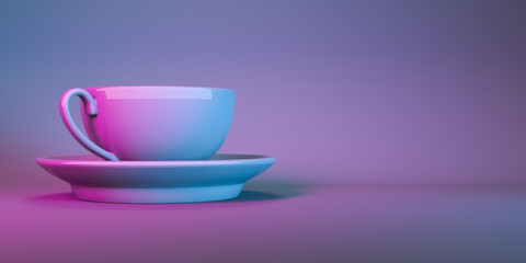 cup for tea on a saucer in neon light close up
