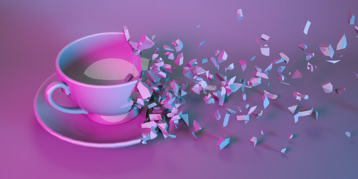 cup for tea on a saucer in neon light collapsing into small parts