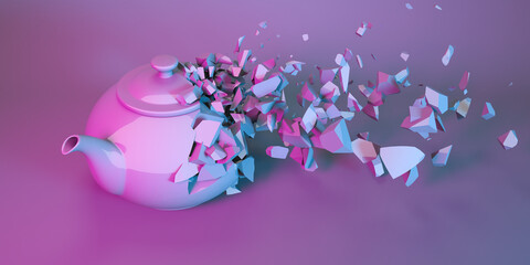 teapot in neon light collapsing into small parts
