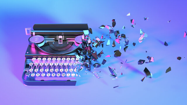 typewriter in neon light collapses into small parts