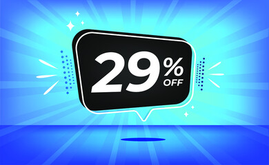 29% off. Blue banner with twenty-nine percent discount on a black balloon for mega big sales.