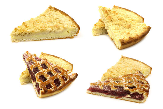 slices of rice and cream and cherry pie (vlaai) on a white background