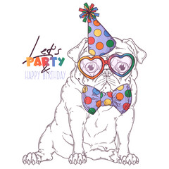 Hand drawn pug dog clown portrait with accessories Vector. Isolated objects for your design. Each object can be changed and moved.