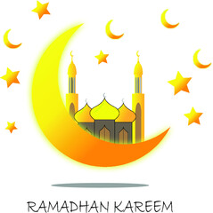 greetings for ramadhan, with crecent and mosque, illustration of isolated islamic vector. ramadhan kareem text. ramadhan kareem islamic text banner. - vector