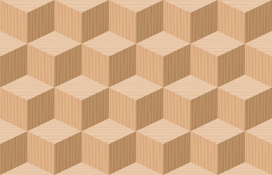 Cube pattern. Three dimensional wooden cubes, seamless parquetry textured background. Vector illustration.
