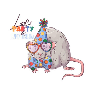 Hand drawn rat clown with accessories Vector. Isolated objects for your design. Each object can be changed and moved.