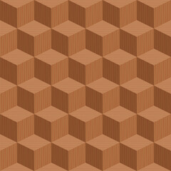 Seamless cube pattern. Wooden cubes, textured dark parquet. 3D mosaic vector illustration.

