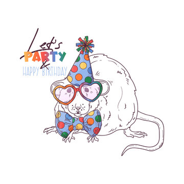 Hand drawn rat clown with accessories Vector. Isolated objects for your design. Each object can be changed and moved.