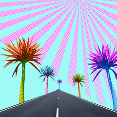 Abstract bright multicolored palms on the background of the road.