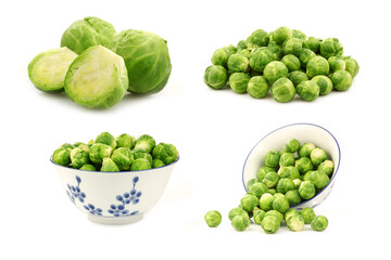 Brussel sprouts and some in a decorated bowl on a white background