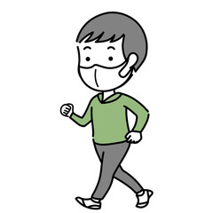 ウォーキングするマスクを着用した男の子