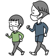 ウォーキングするマスクを着用した親子