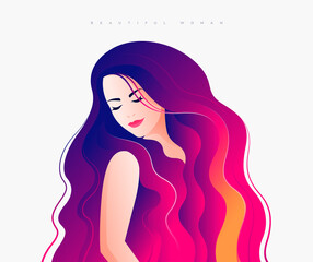 Young girl half-turned face with long red glowing hair, Cute girl with charming expression and closed eyes, Vector illustration of female model, Fashion and beauty.