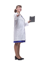 Beautiful female doctor holding clipboard smiling isolated on white background.