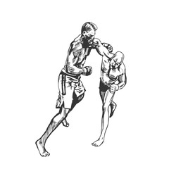 Fototapeta na wymiar Fight between two boxers. Hand drawn monochrome style. Vector