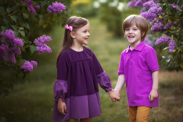 Funne twins boy and girl in spring garden - 424775924