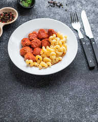 pasta meatballs tomato sauce plate pork beef lamb chicken meat second course portion on the table healthy meal top view copy space rustic food background 