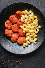 pasta meatballs tomato sauce plate pork beef lamb chicken meat second course portion on the table healthy meal top view copy space rustic food background 