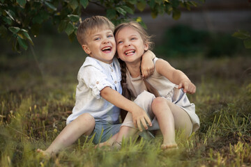 Funny twins boy and girl in country - 424776554