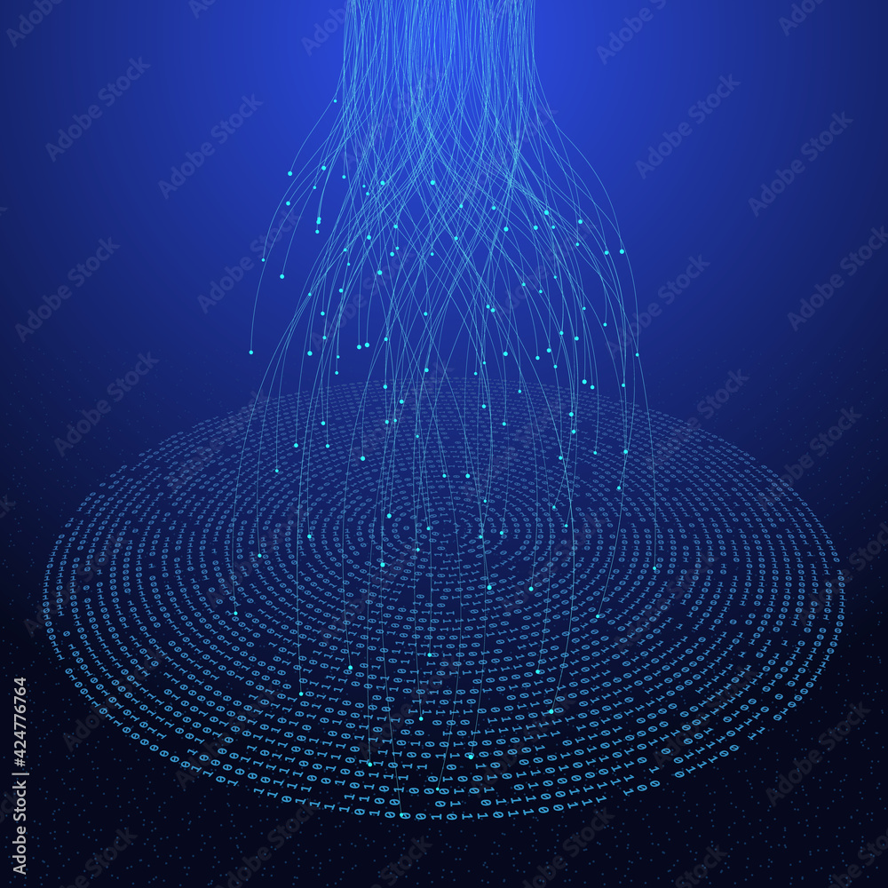 Fototapete Abstract  lines with dots over circle with digits code. Connecting or big data concept. One and Zero number in circle.