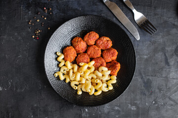 pasta meatballs tomato sauce plate pork beef lamb chicken meat second course portion on the table healthy meal top view copy space rustic food background 