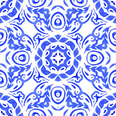 Abstract blue and white hand drawn tile seamless ornamental watercolor paint pattern.