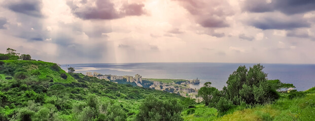 Mount Carmel in Haifa, Stella Maris - Panoramic shot. Travel to Israel in winter.